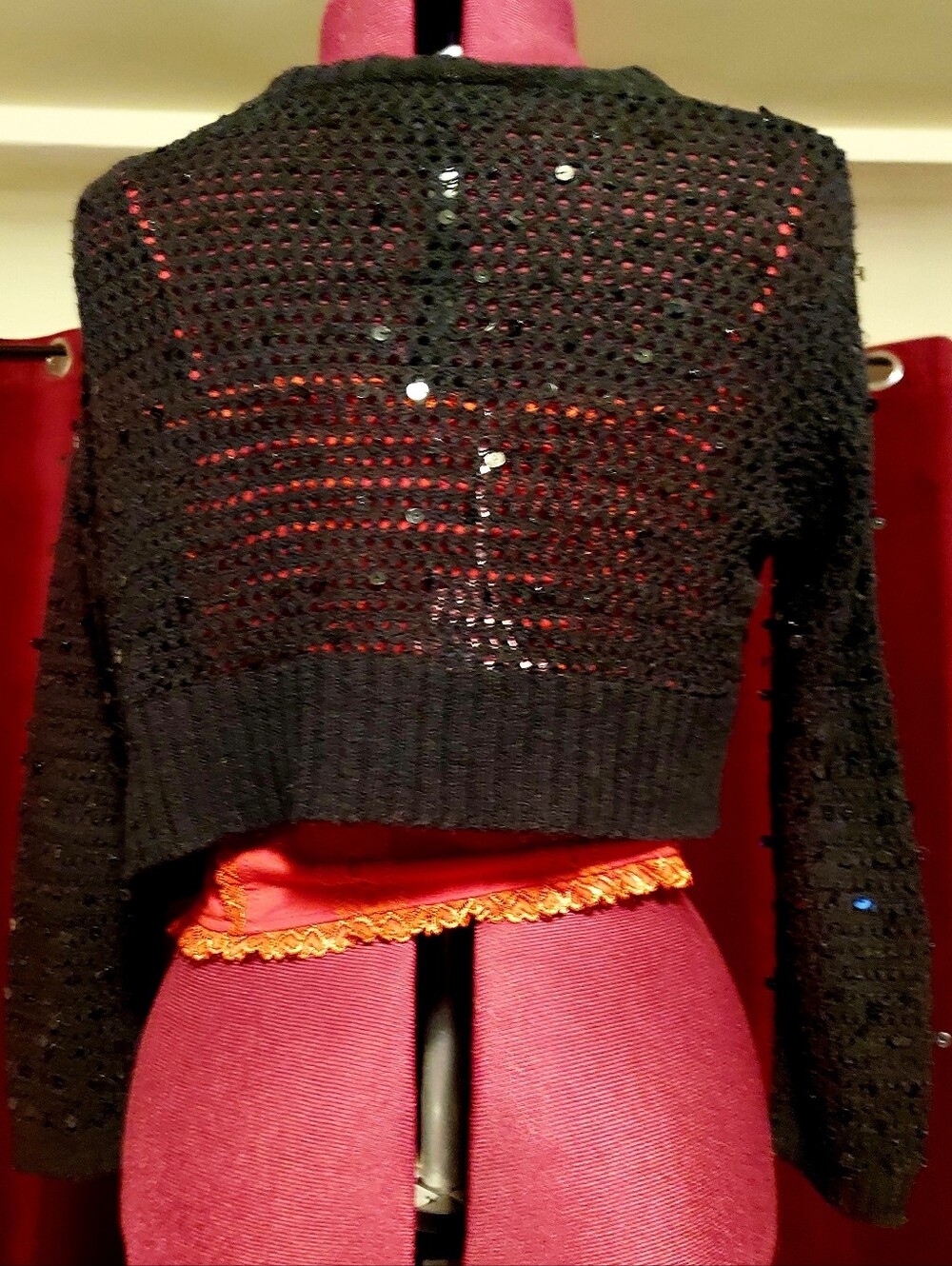 Black Crochet Cropped Silk-Blend Cardigan With Sequins